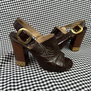 CHLOE Vintage Patent Leather Slingback Sandals Chocolate Brown Block Heels Sz 9